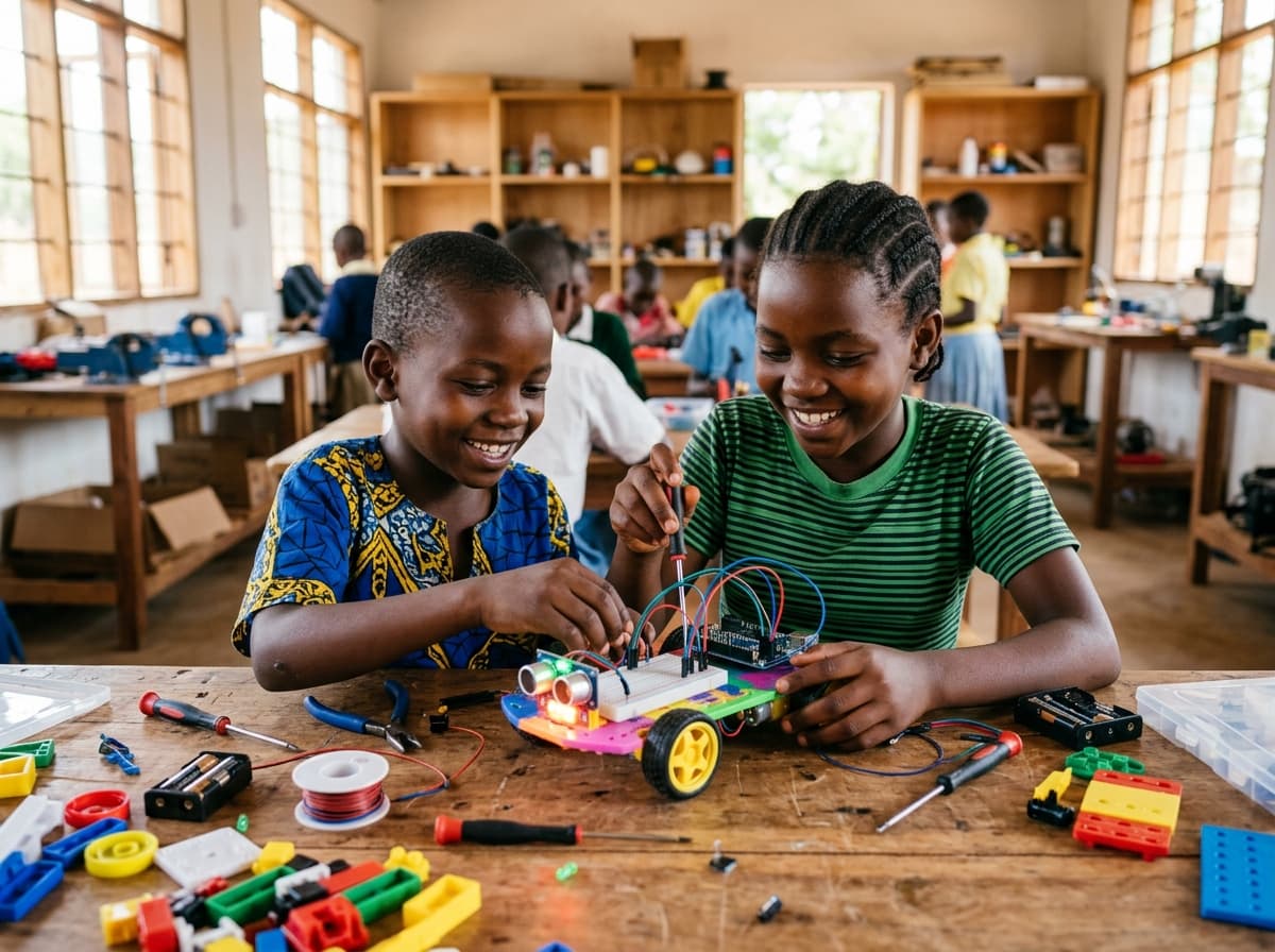 Kids assembling robotics kits in Tanzania